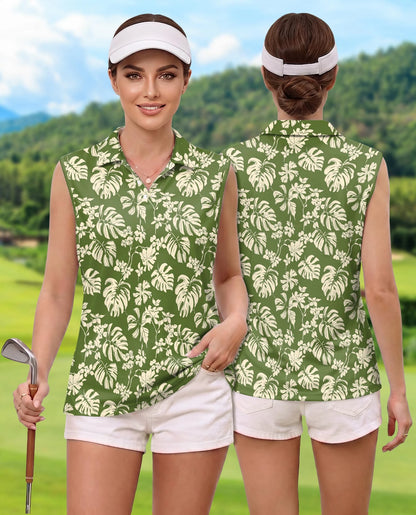 Green Monstera Leaf Sleeveless Polo Shirt for Women – Tropical Botanical Style | Netecom