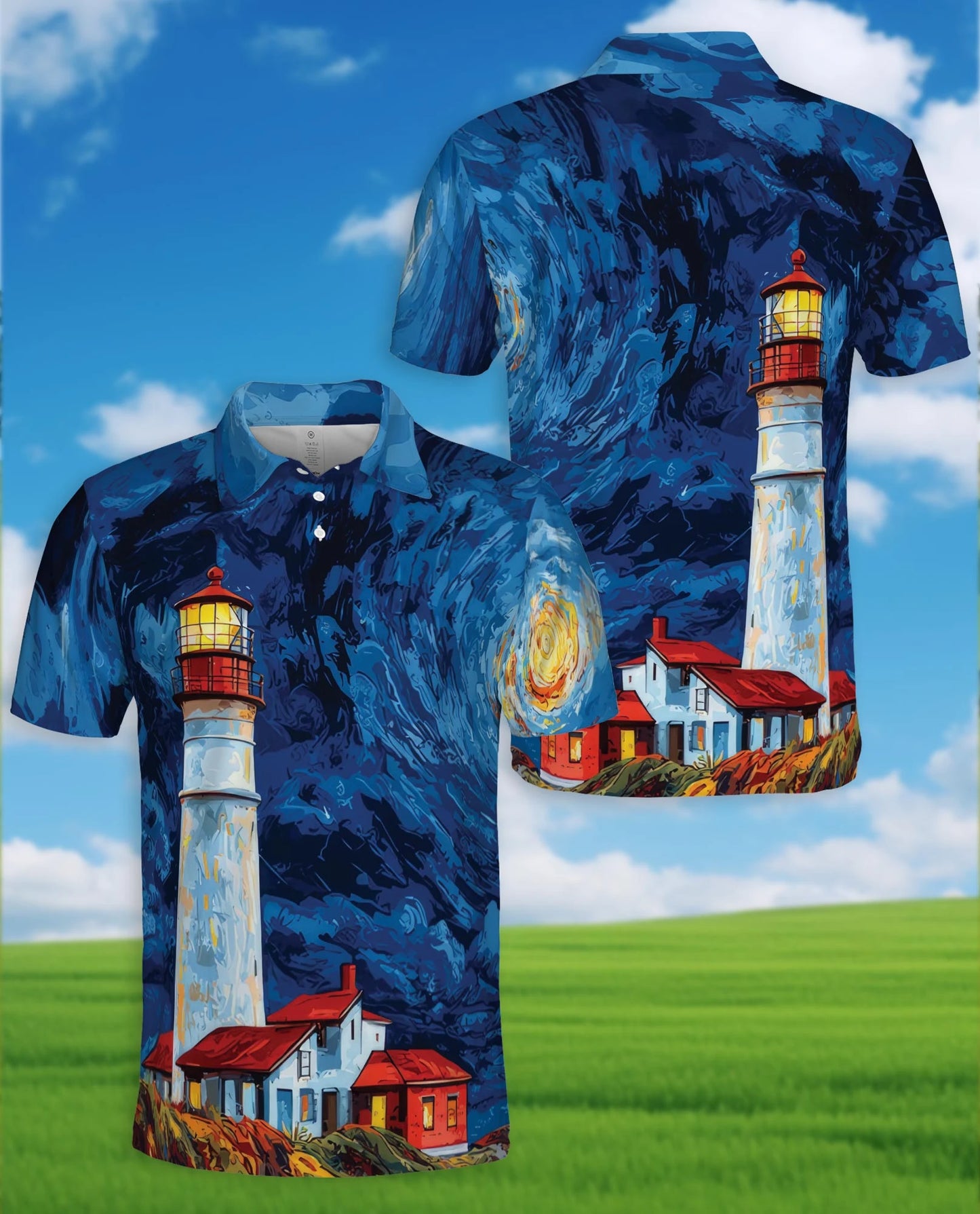 Lighthouse Starry Night Polo Shirt for Men – Coastal Art Style | Netecom