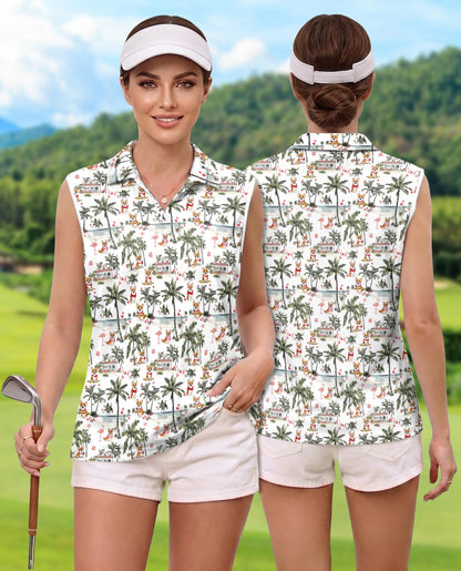 Corgi Palm Tree Pattern Sleeveless Polo Shirt for Women – Tropical Dog Style | Netecom