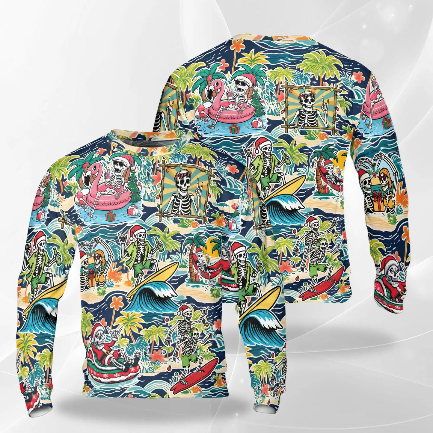 Christmas Skeleton Beach Sweatshirt, 3D All Over Print Tropical Holiday Crewneck Pullover for Men Women, Christmas Gift - Netecom