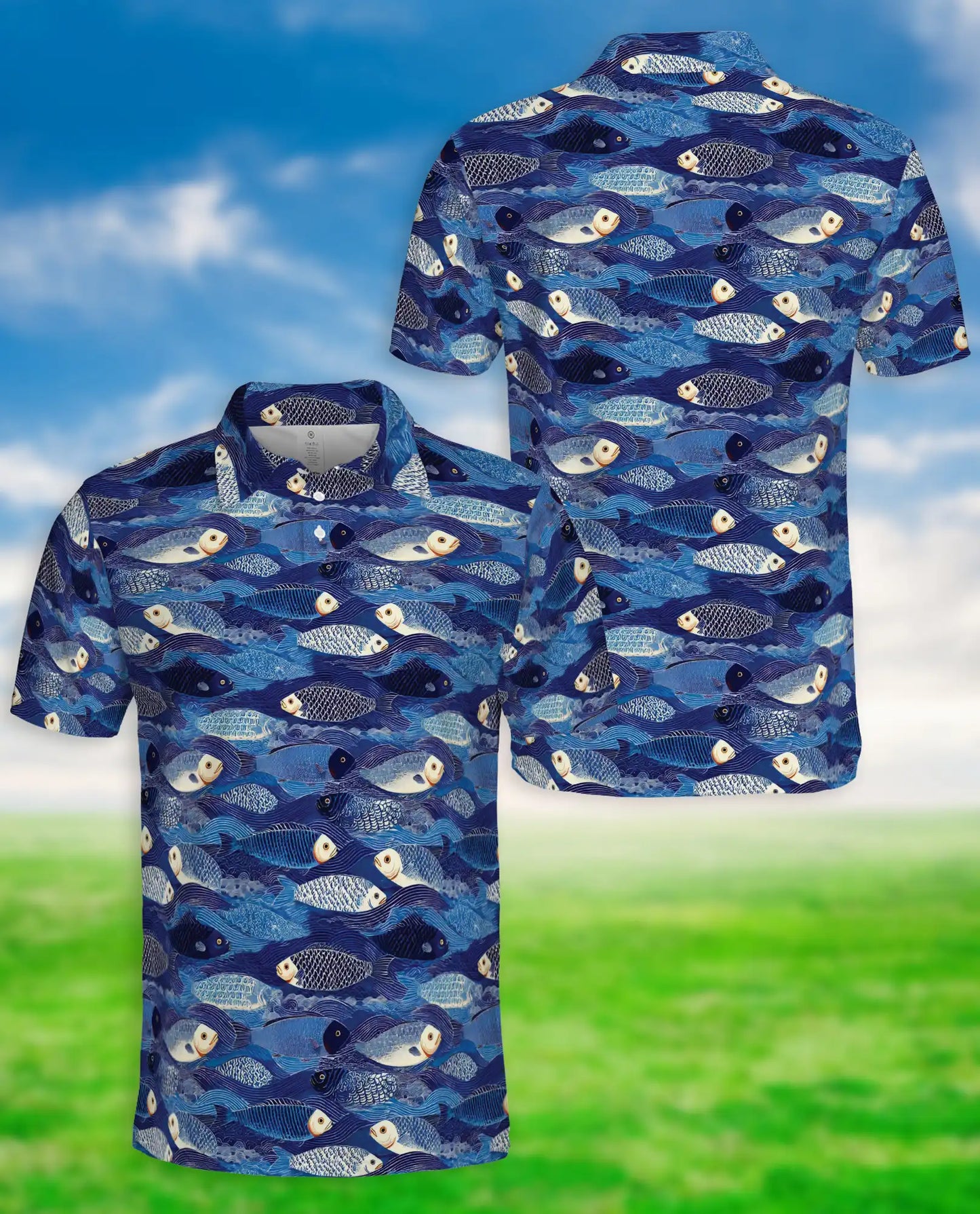 Blue Coastal Fish Polo Shirt for Men- Ocean Fish Pattern | Netecom