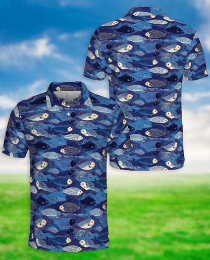 Blue Coastal Fish Polo Shirt for Men- Ocean Fish Pattern | Netecom