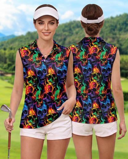 Flame Skull Sleeveless Polo Shirt for Women | Netecom