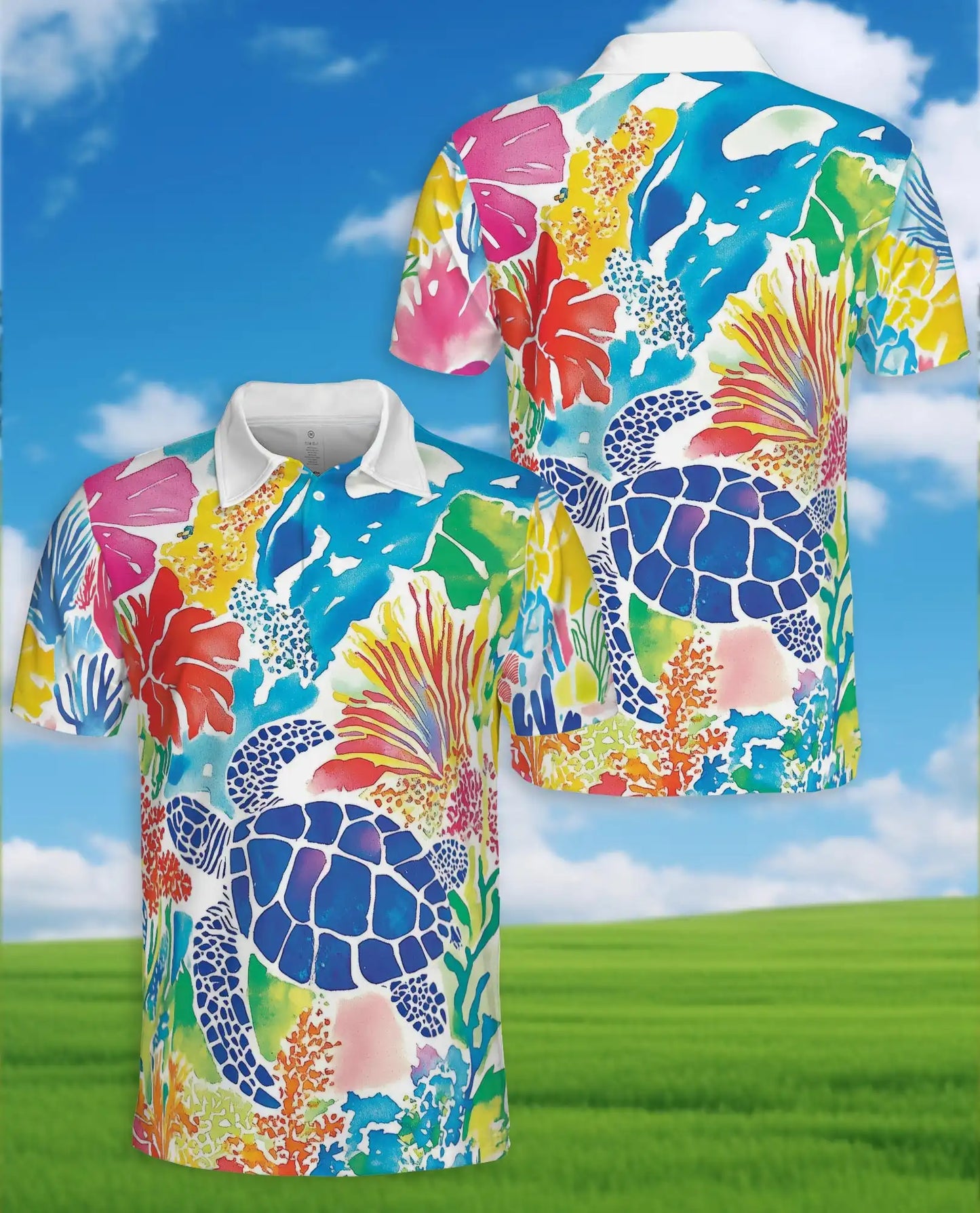 Colorful Sea Turtle Polo Shirt for Men – Vibrant Ocean Design | Netecom