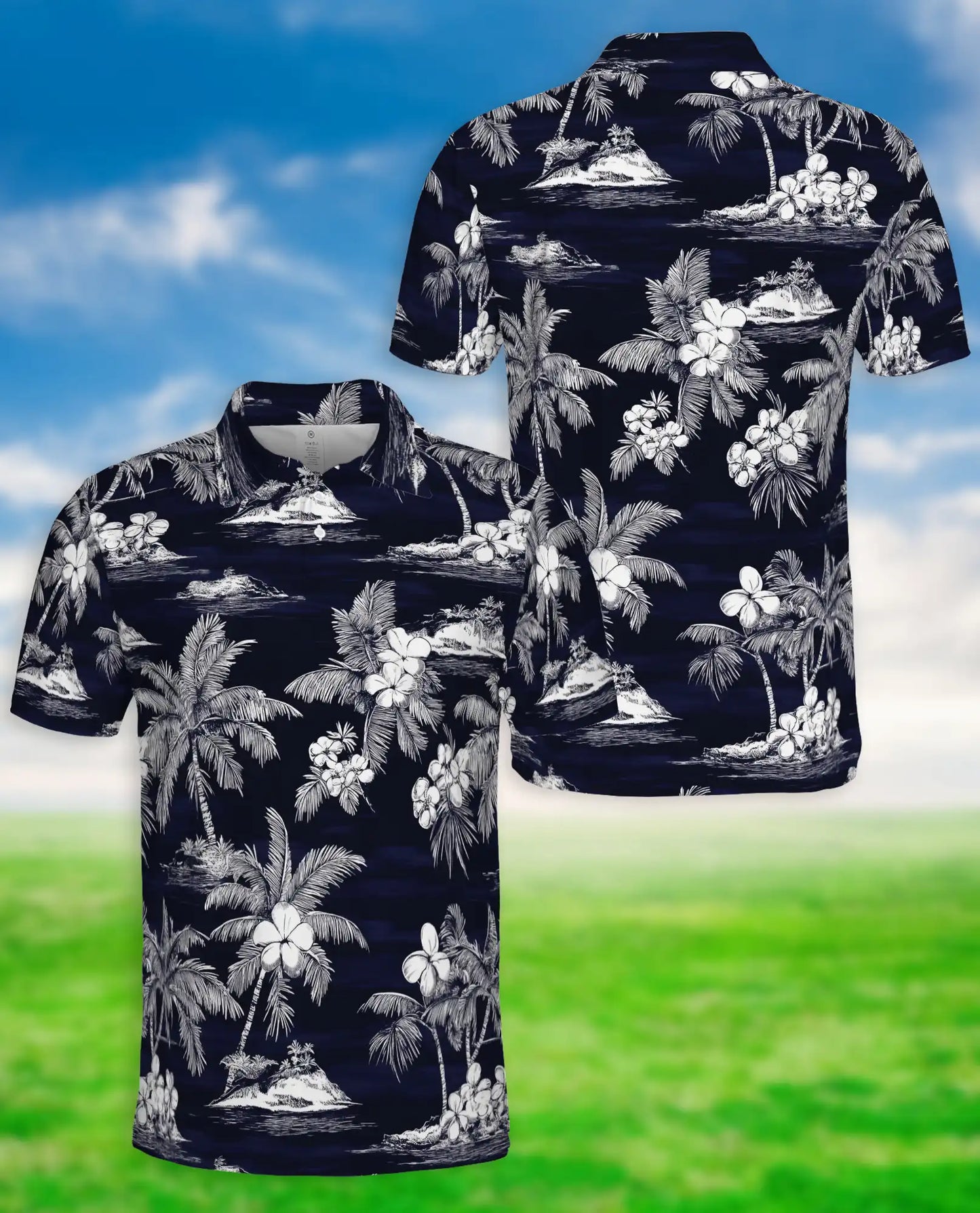 Tropical Island Polo Shirt – Monochrome Palm Print | Netecom