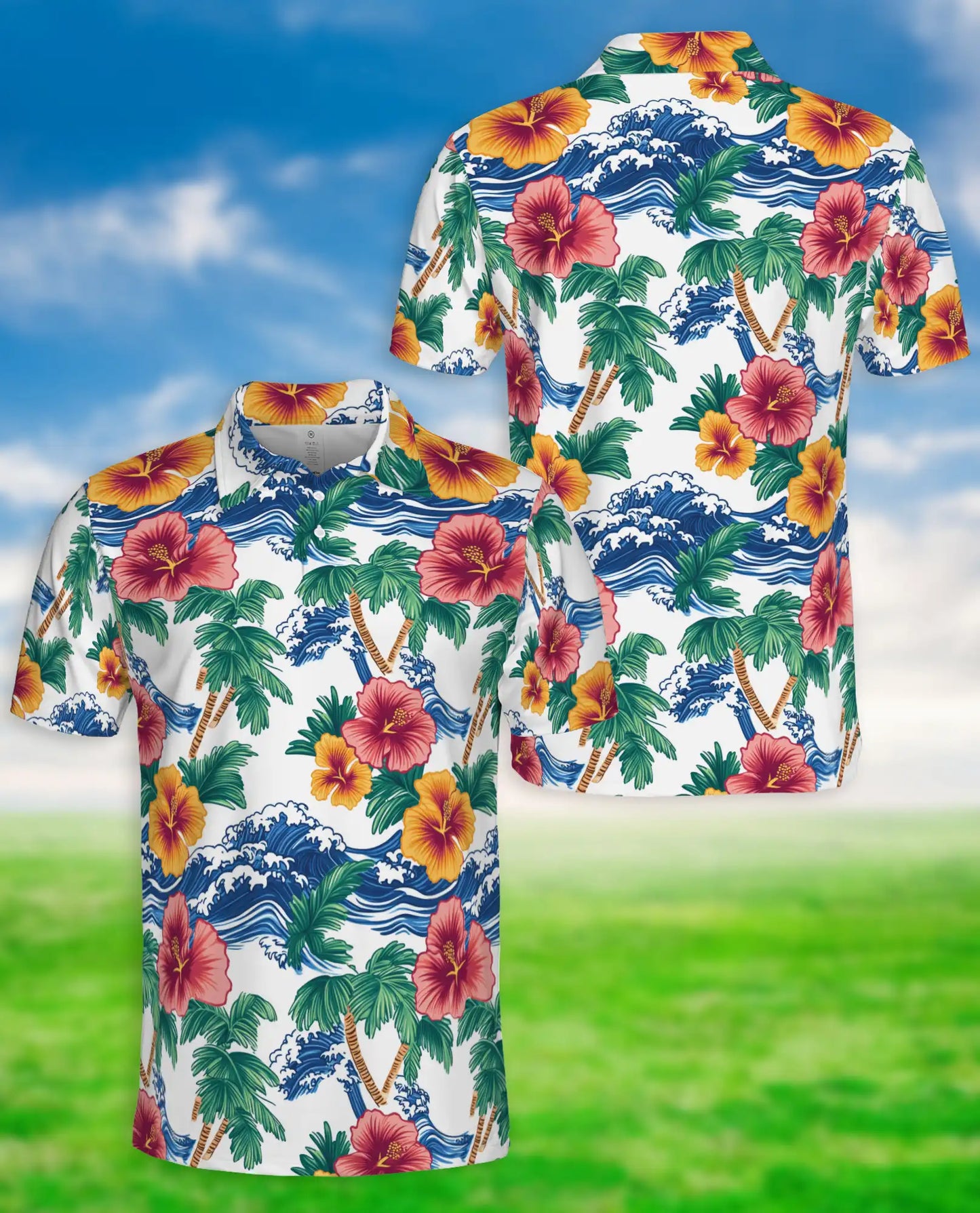 Hawaiian Polo Shirt – Palm Tree Wave Hibiscus Print | Netecom