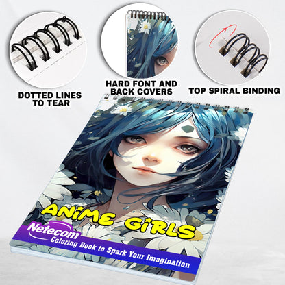 Anime Girls Spiral Bound Coloring Book,  Experience 30 Charming Coloring Pages, Celebrating Cute and Lively Anime Girls in Playful Scenes