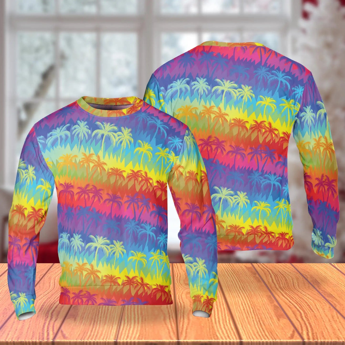 Rainbow Palm Tree Pattern Sweatshirt, 3D All Over Print Tropical Beach Crewneck Pullover for Men Women, Palm Tree Lover Gift - Netecom