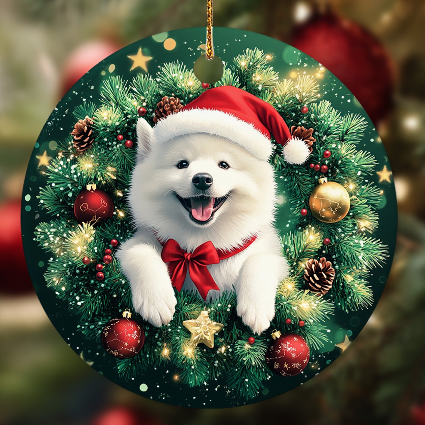 Netecom Funny Samoyed Christmas Ornament, Dog Santa Hat Ceramic Ornament for Xmas Tree Hanging Decorations Gift, Puppy Lover Gifts, Home Decor, Holiday Party Present