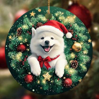 Netecom Funny Samoyed Christmas Ornament, Dog Santa Hat Ceramic Ornament for Xmas Tree Hanging Decorations Gift, Puppy Lover Gifts, Home Decor, Holiday Party Present