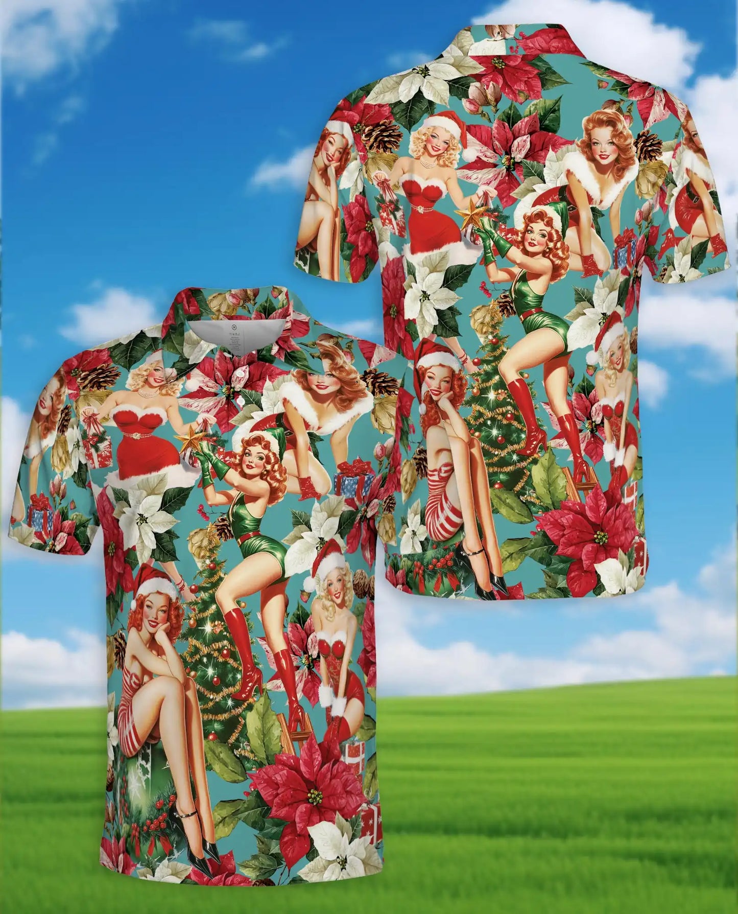 Vintage Christmas Pin Up Girl 3D Polo Shirt for Men – Retro Holiday Style | Netecom