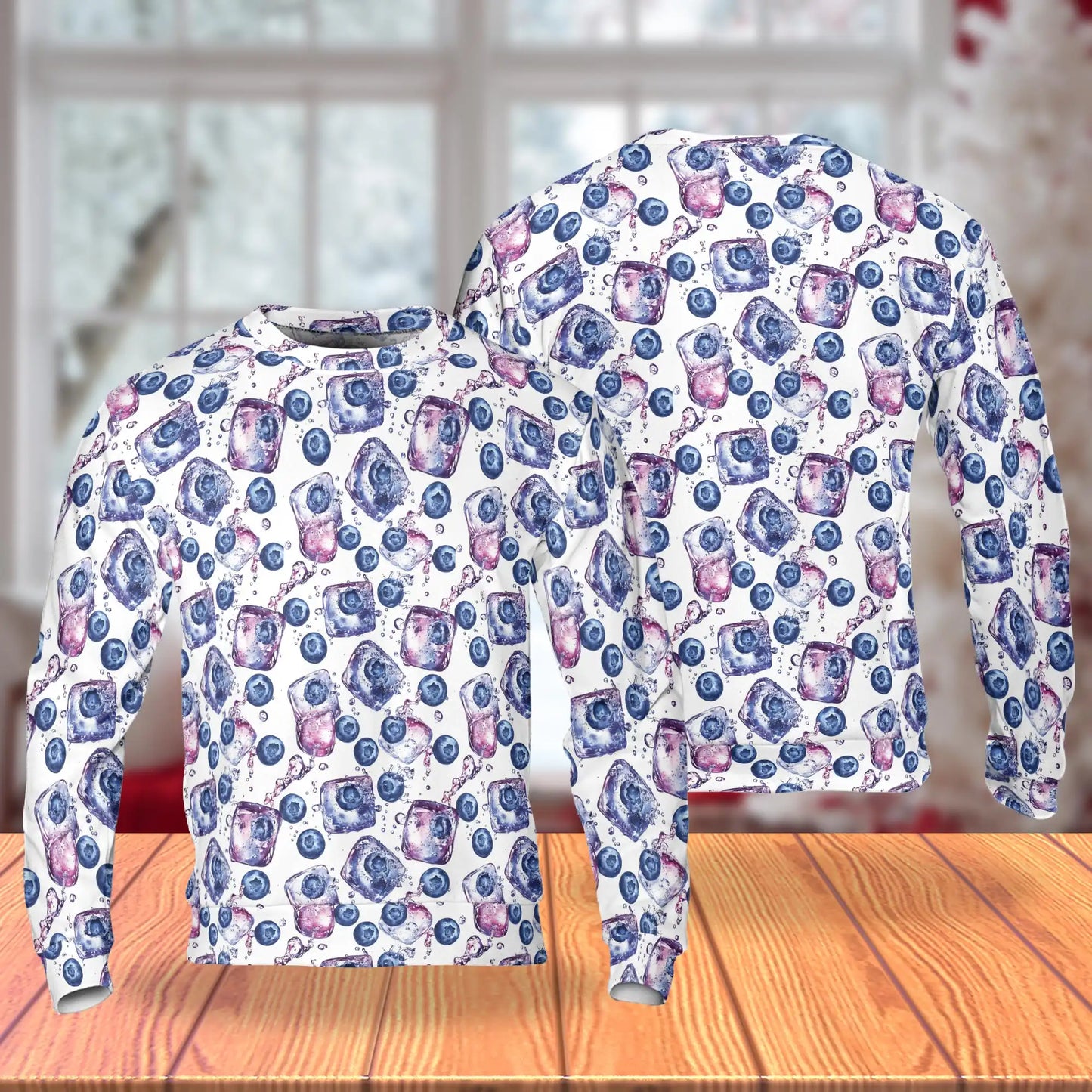 Blueberry Ice Cubes Sweatshirt, 3D All Over Print Refreshing Fruit Crewneck Pullover for Men Women, Blueberry Lover Gift - Netecom