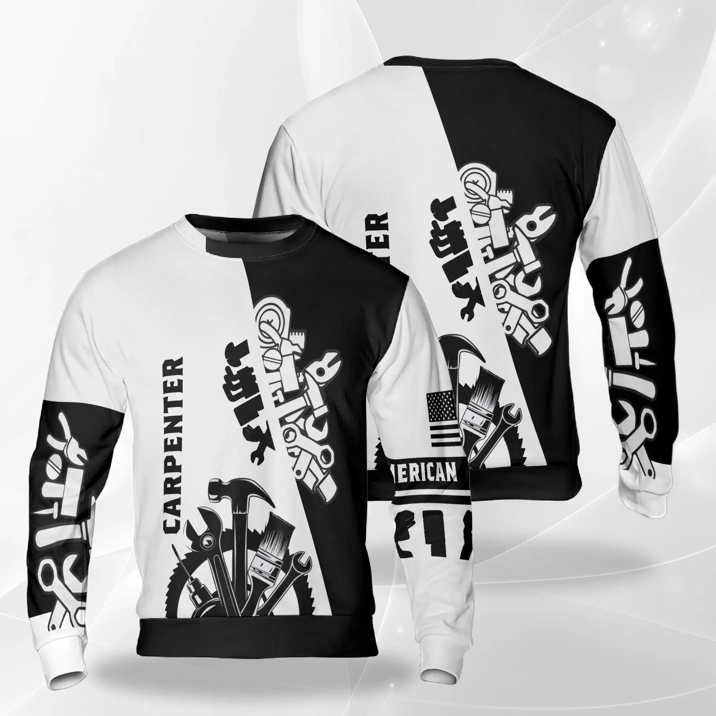 Carpenter Sweatshirt, 3D All Over Print Black and White Woodworking Crewneck Pullover for Men Women, Carpenter Gift - Netecom