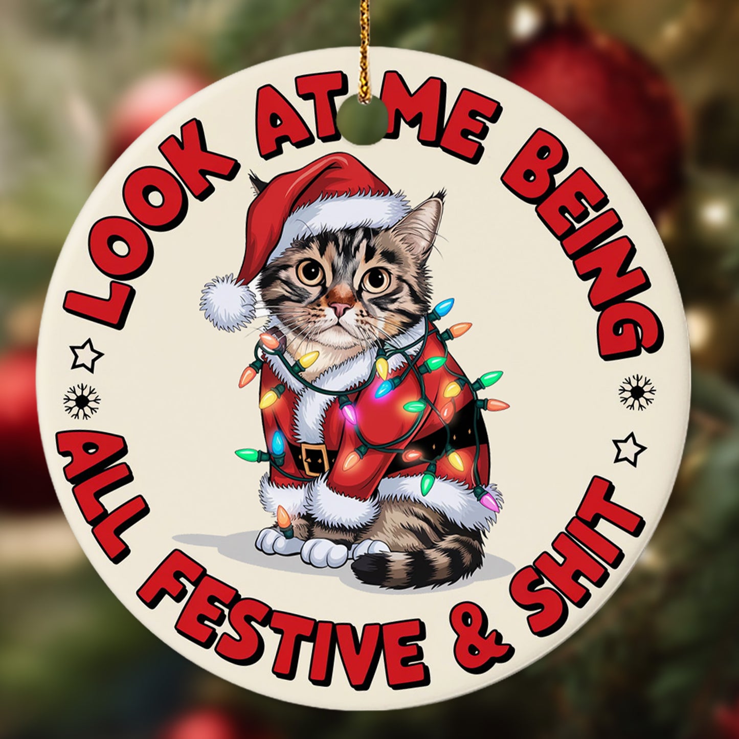 Netecom Funny Cat in Santa Outfit Ornament, Look At Me Being All Festive and Shit Ceramic Ornament for Christmas Tree Hanging Decorations Gift, Cat Lover Gifts, Holiday Party Present