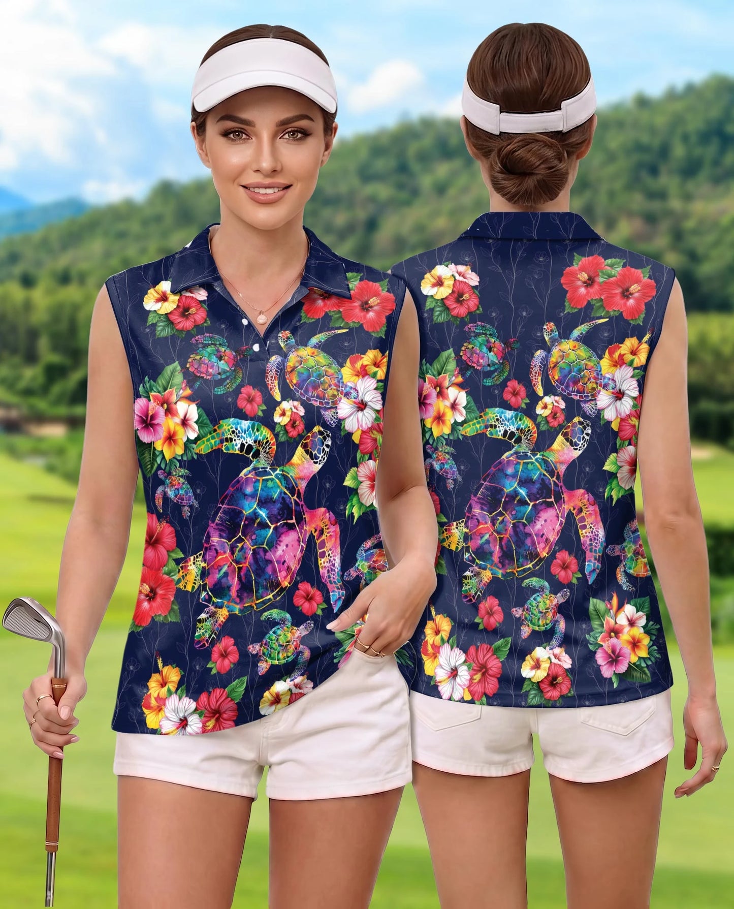Turtle In Tropical Sleeveless Polo Shirt for Women – Ocean Island Style | Netecom