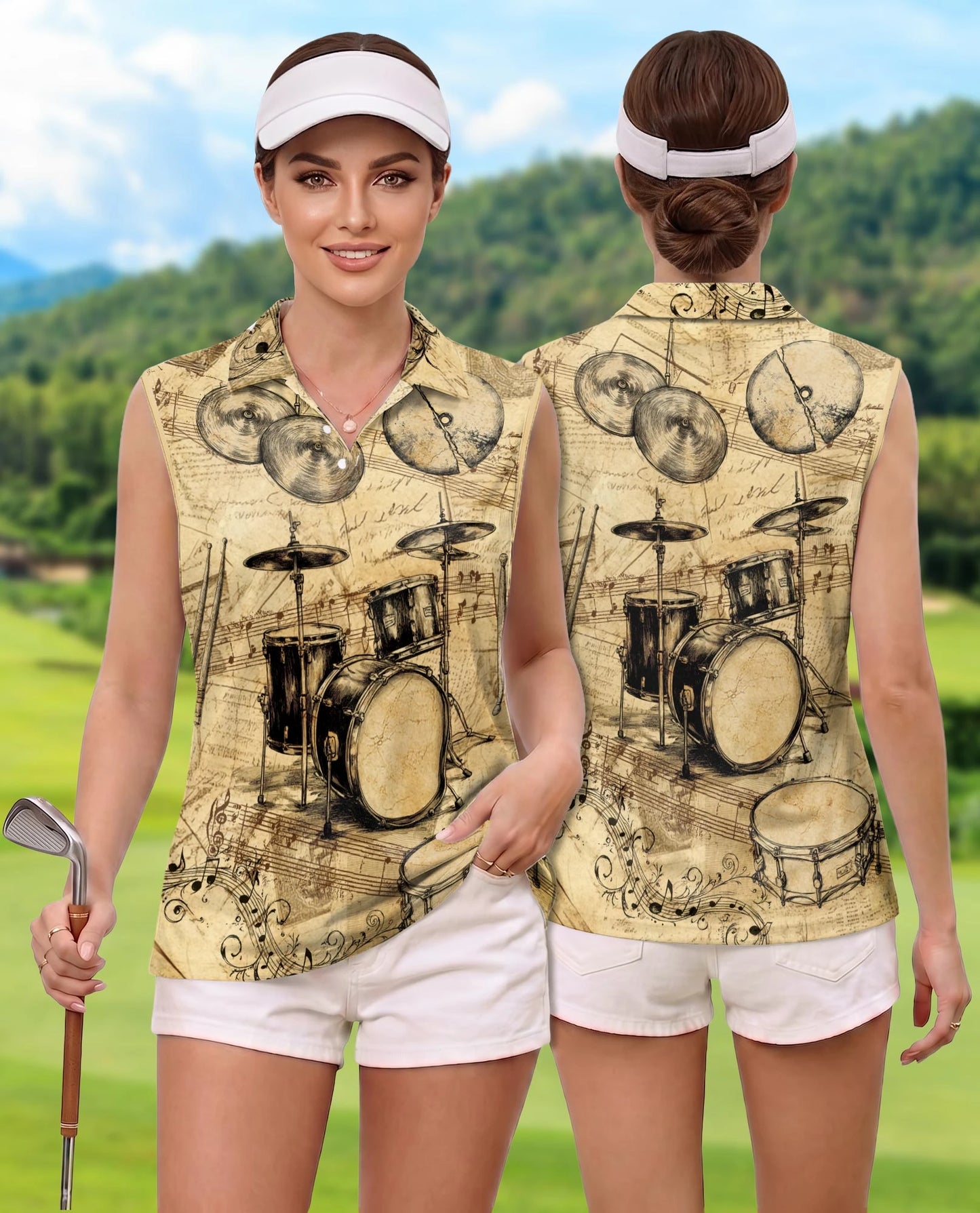 Drum Pattern Sleeveless Polo Shirt for Women | Netecom