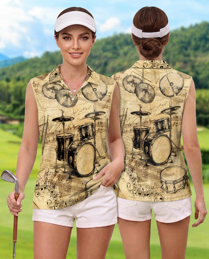Drum Pattern Sleeveless Polo Shirt for Women | Netecom