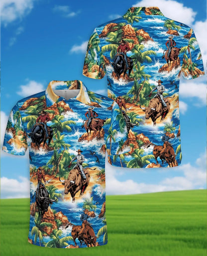 Tropical Rodeo Polo Shirt for Men - Cowboy Bull Riding | Netecom