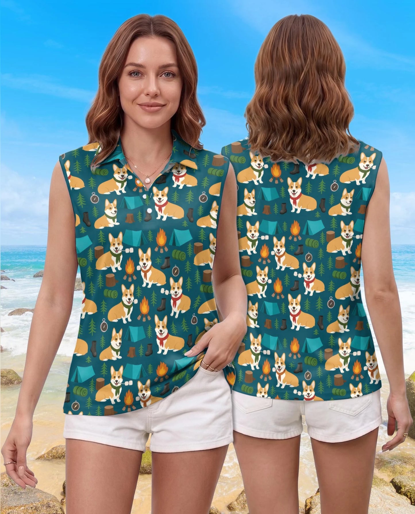 Corgi Camping Sleeveless Polo Shirt for Women – Cute Outdoor Dog Style | Netecom
