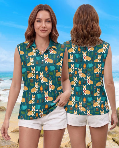 Corgi Camping Sleeveless Polo Shirt for Women – Cute Outdoor Dog Style | Netecom