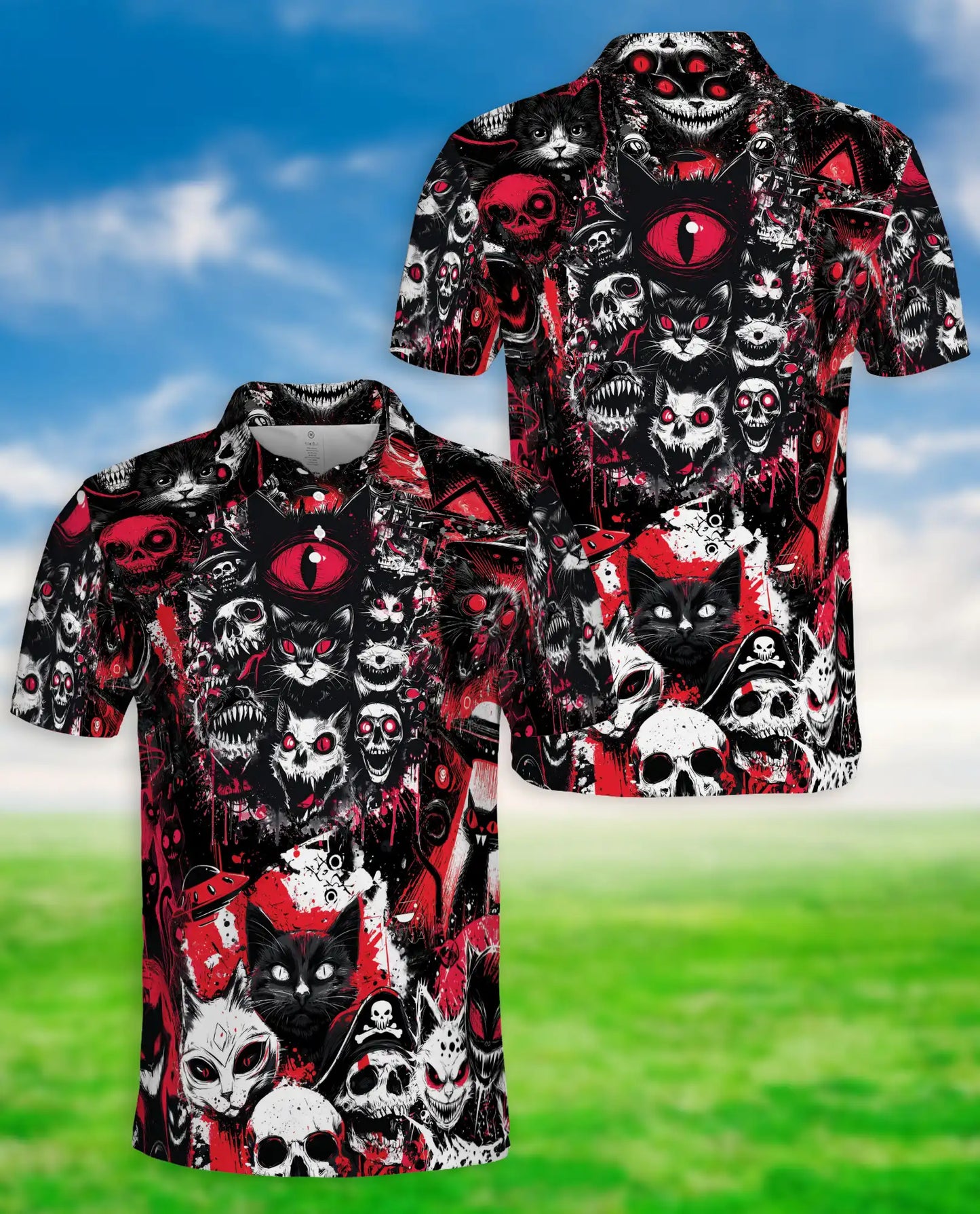 Gothic Cat Skull Polo Shirt for Men – Dark Horror Design | Netecom