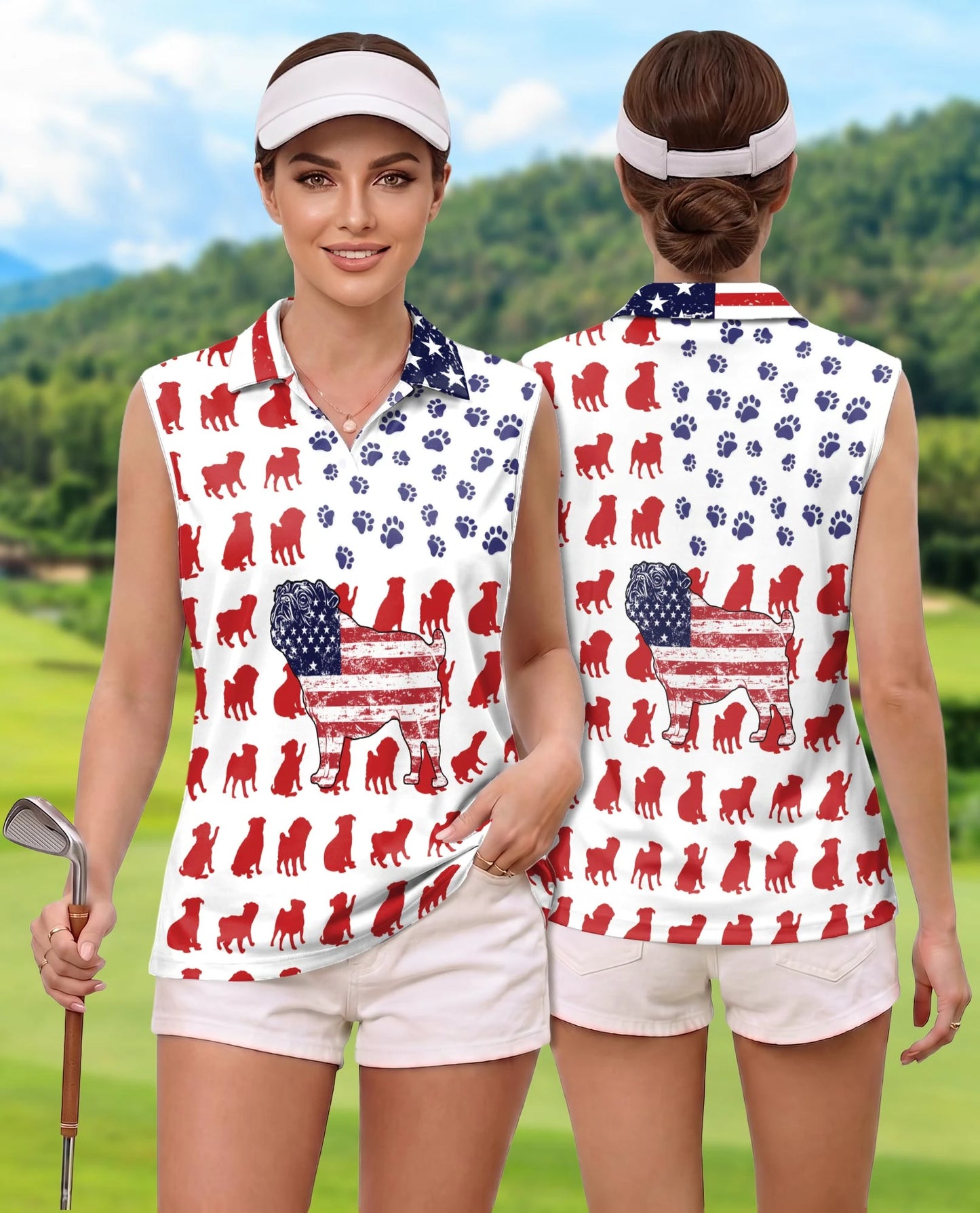 Pug Flag Sleeveless Polo Shirt for Women | Netecom