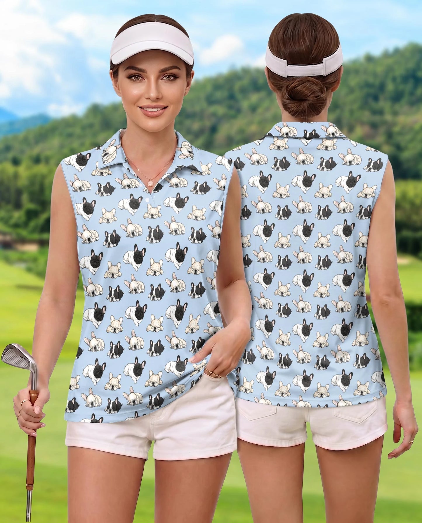 Lazy French Bulldog Sleeveless Polo Shirt for Women | Netecom