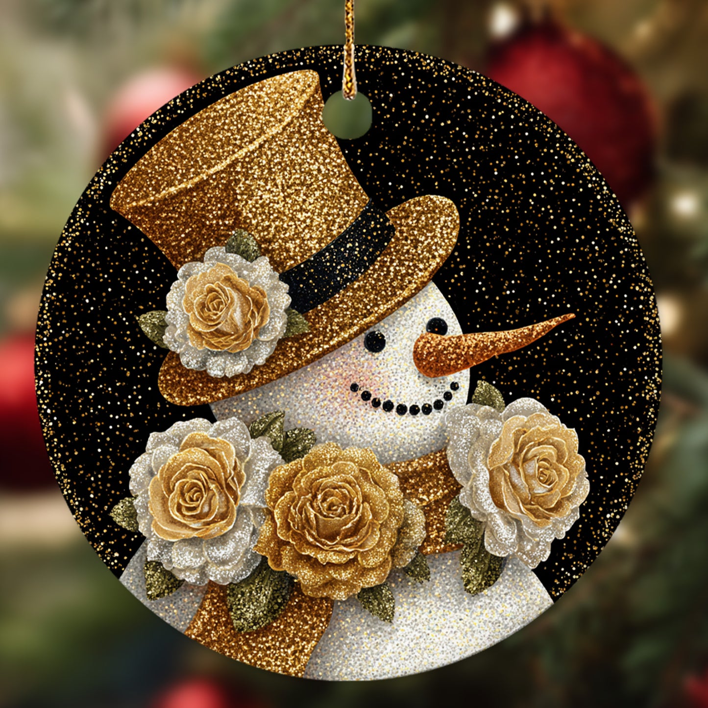 Netecom Gold Glitter Snowman Christmas Ornament, Funny Floral Ceramic Ornament for Xmas Tree Hanging Decorations Gift, Home Decor, Snowman Lover Gifts, Holiday Party Present