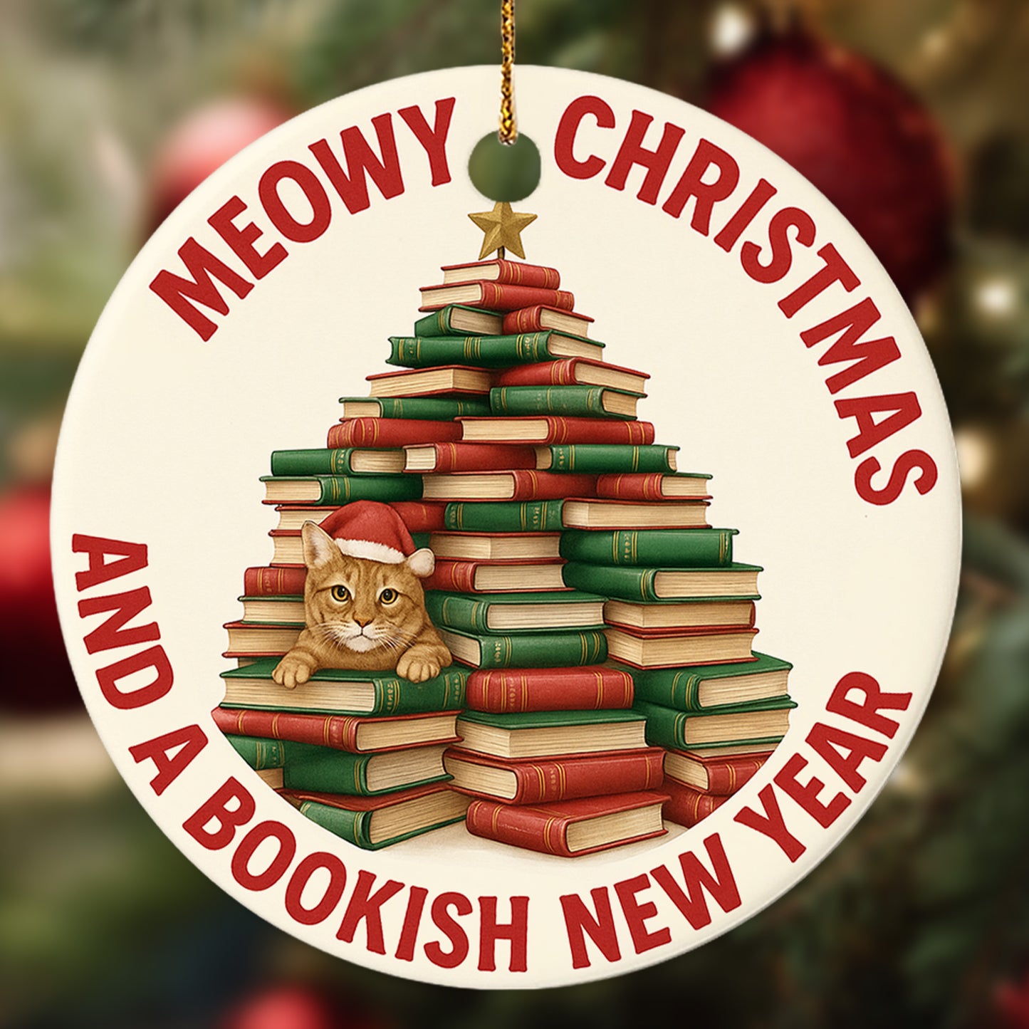 Netecom Funny Cat with Book Stack Ornament, Meowy Catmas and Bookish Christmas Tree Ceramic Ornament for Xmas Tree Hanging Decorations Gift, Book Lover Gifts for Women, Holiday Party Present