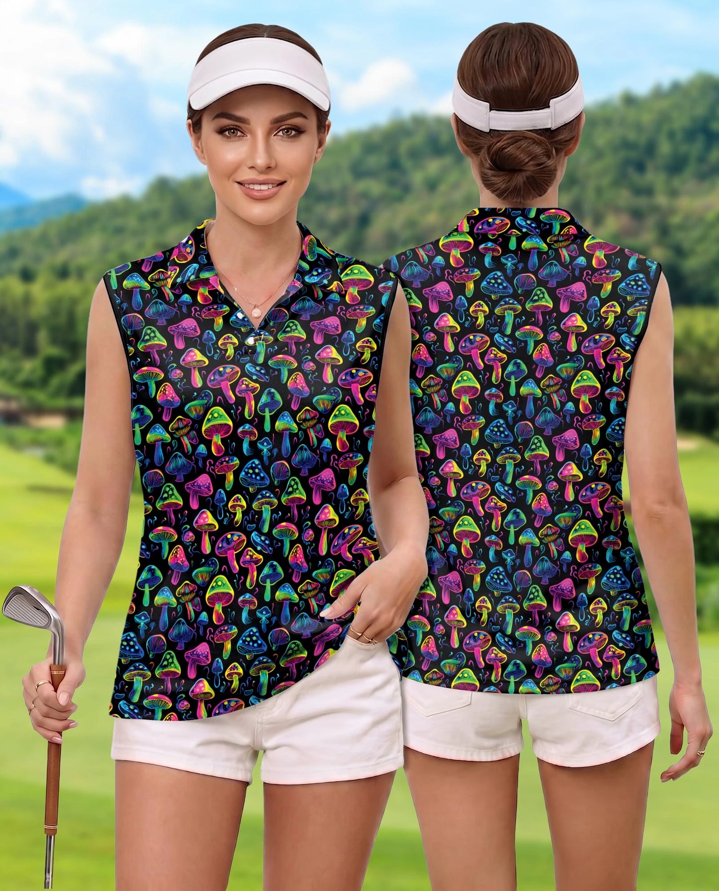 Neon Mushroom Sleeveless Polo Shirt for Women | Netecom