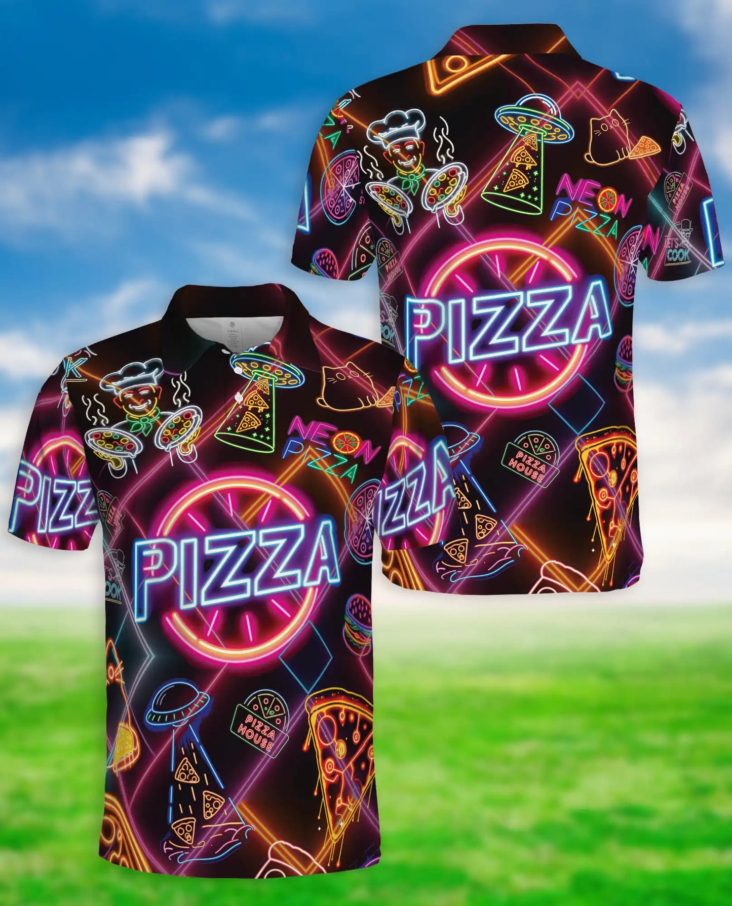 Neon Pizza Party 3D Polo Shirt for Men – Funny Retro Food Lover Style | Netecom