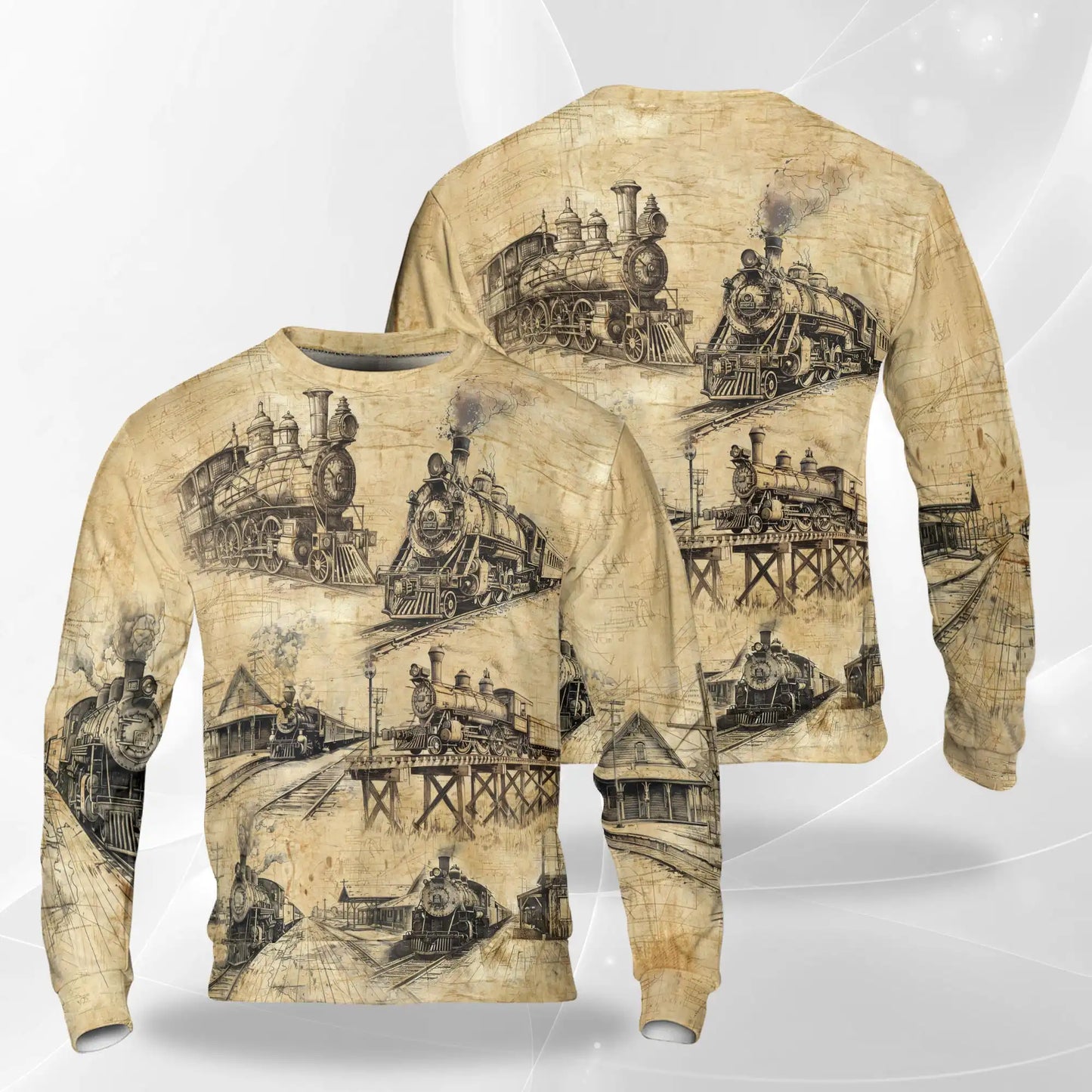 Vintage Locomotive Engine Sweatshirt, 3D All Over Print Retro Train Crewneck Pullover for Men Women, Train Lover Gift - Netecom