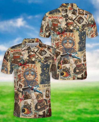 Pilot Cat 3D Polo Shirt for Men – Vintage Aviator Cat Style | Netecom