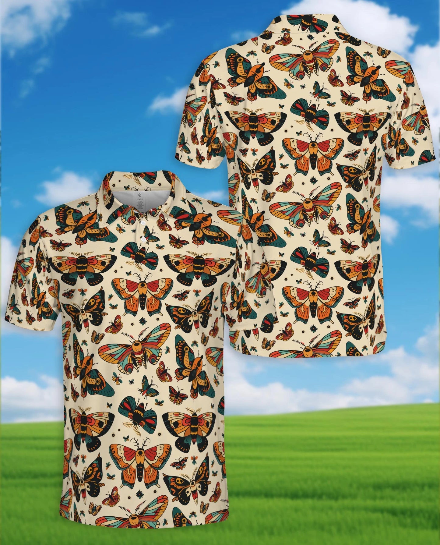 Vintage Butterfly Pattern Polo Shirt for Men – Retro Floral Nature Style | Netecom