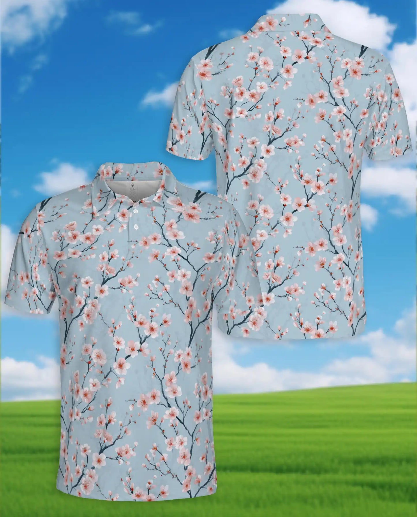 Blue Cherry Blossom Polo Shirt for Men – Spring Floral Style | Netecom