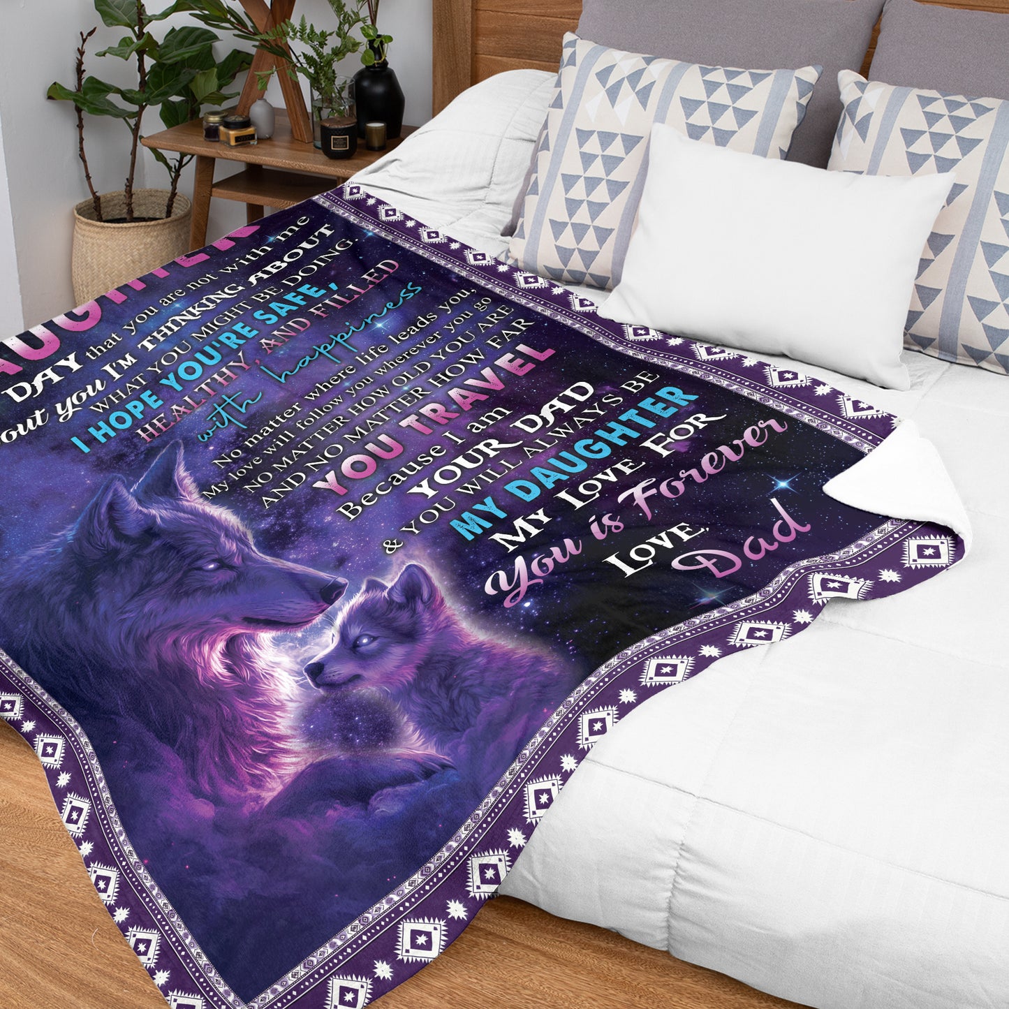 Netecom Personalized To My Daughter Blanket from Dad and Mom, Ultra Soft Warm Purple Wolf Throw Blanket for Couch, Bed or Sofa, Birthday, Christmas, Graduation or Anniversary Present for Daughter