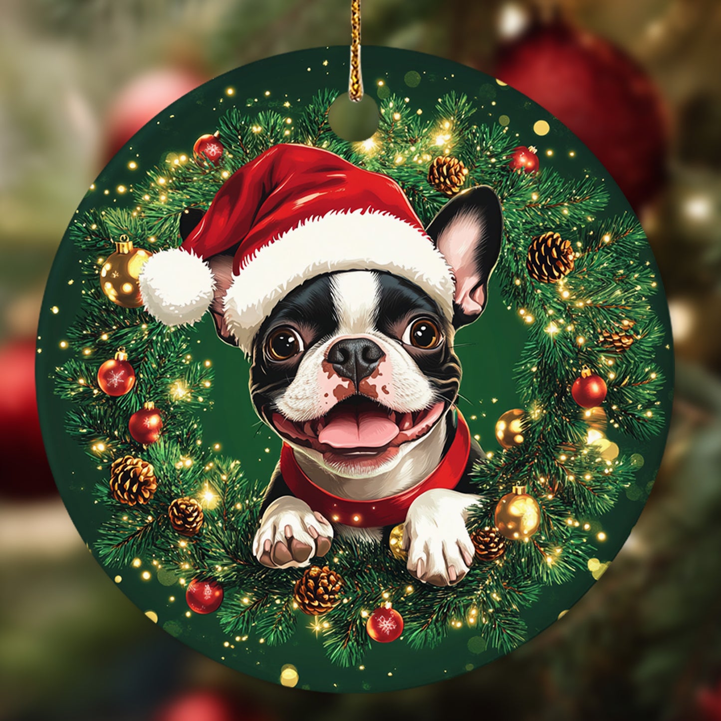 Netecom Cute Boston Terrier in Santa Hat Christmas Ornament, Bostie Dog Ceramic Ornament for Xmas Tree Hanging Decorations Gift, Puppy Lover Gifts, Home Decor, Holiday Party Present