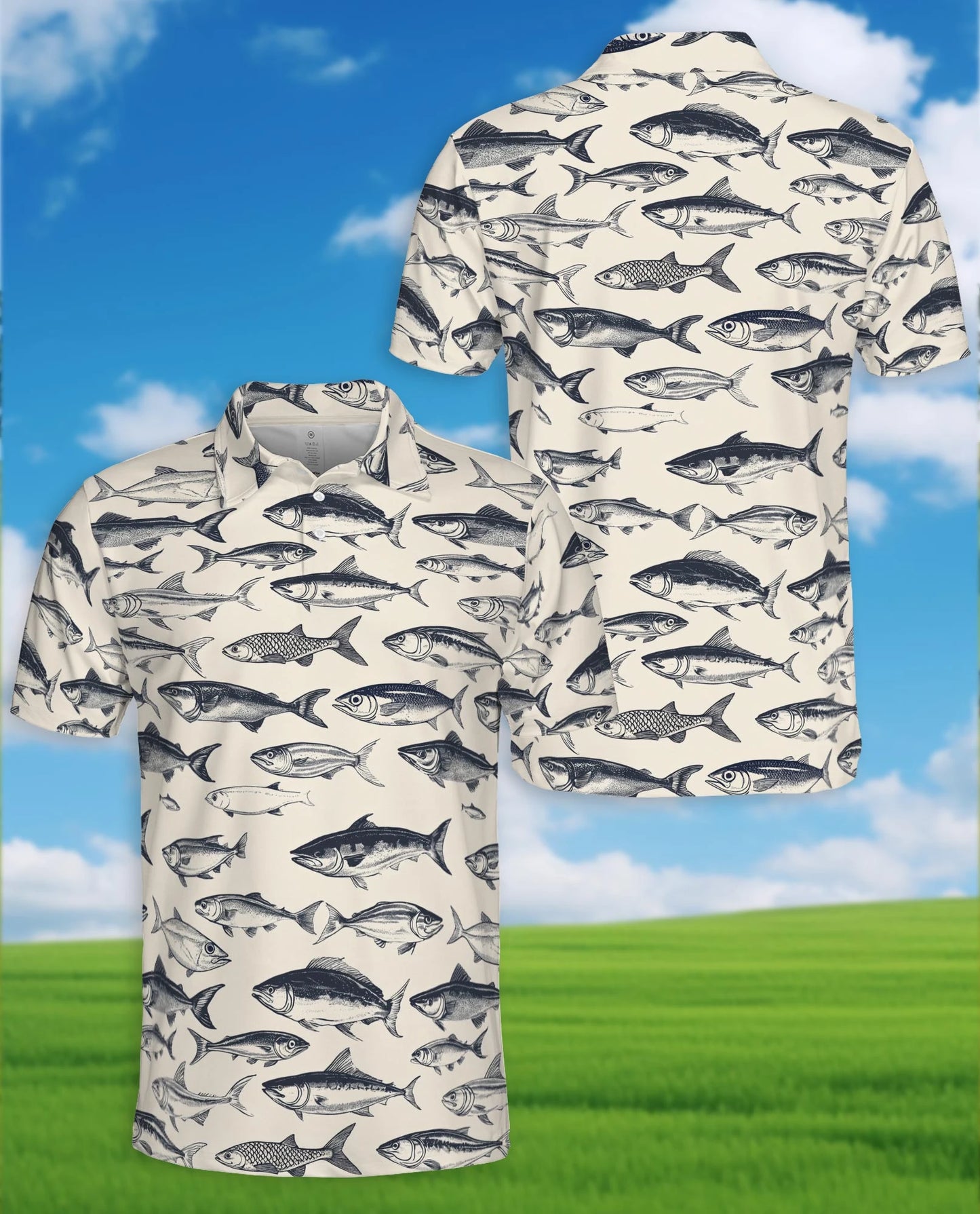 Vintage Fish Pattern Polo Shirt for Men – Coastal Fishing Style | Netecom