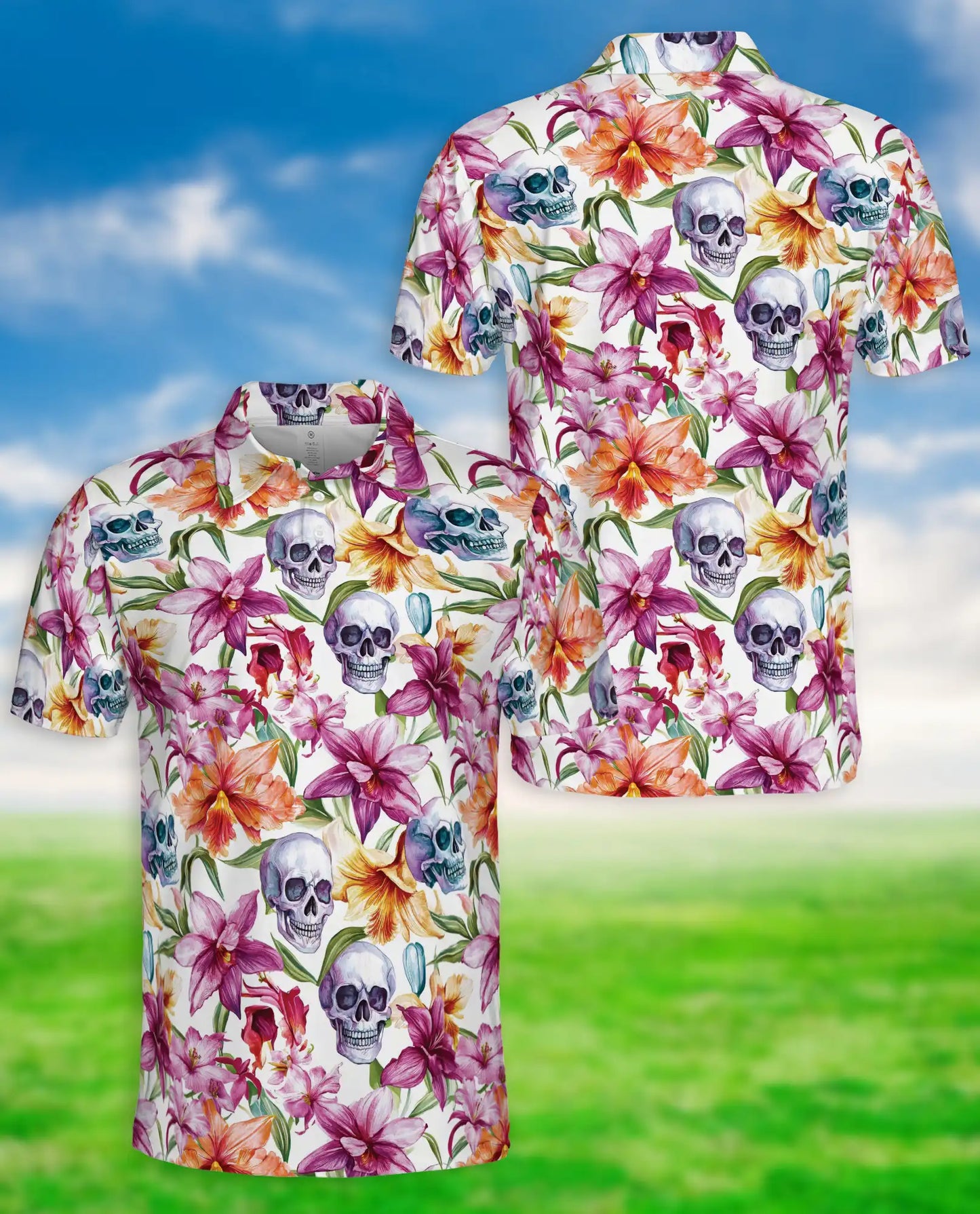 Skull Orchid Floral Polo Shirt-Gothic Botanical Flower Pattern Design | Netecom