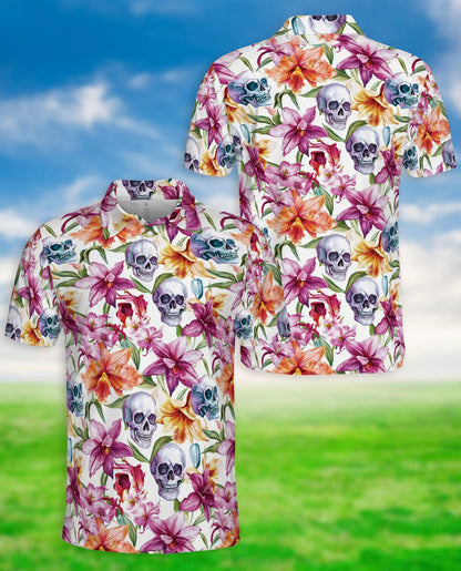 Skull Orchid Floral Polo Shirt-Gothic Botanical Flower Pattern Design | Netecom