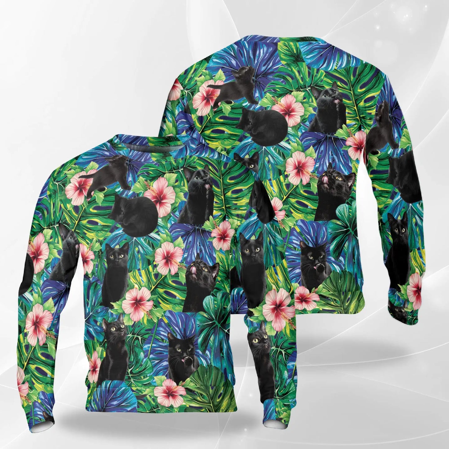 Black Cat Monstera Tropical Sweatshirt, 3D All Over Print Plant Cat Crewneck Pullover for Men Women, Black Cat Lover Gift - Netecom