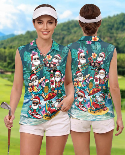 Surf's Up Santa Sleeveless Polo Shirt for Women – Christmas Beach Style | Netecom