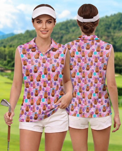 Cute Cartoon Capybara Seamless Pattern Polo Shirt for Women | Netecom