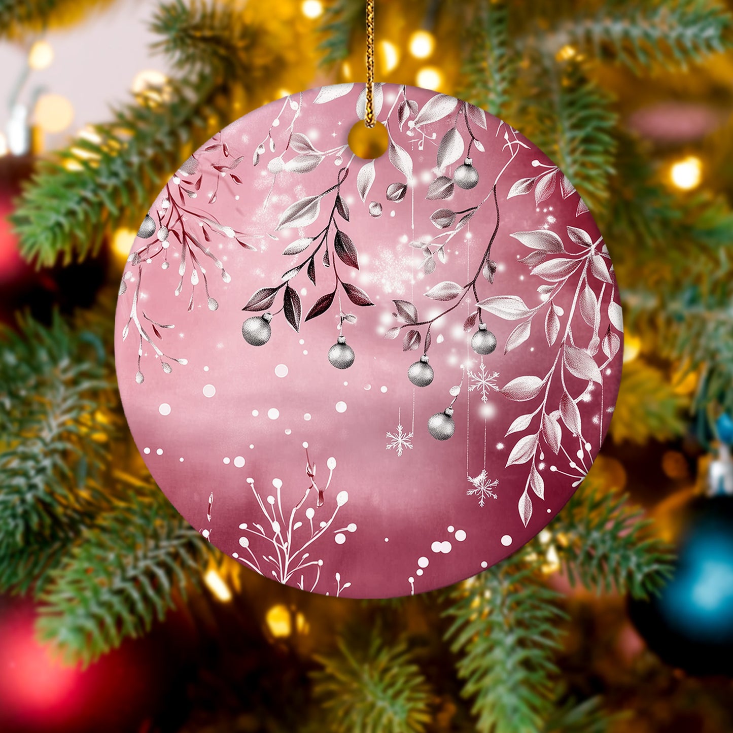 Netecom Elegant Pink Ornament, Ceramic Silver Holly Berries and Baubles Keepsake Ornament for Xmas Tree Decorations, Gifts for Holiday, Party, Home Decor