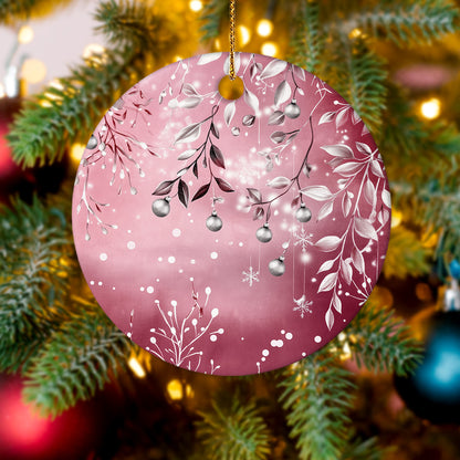 Netecom Elegant Pink Ornament, Ceramic Silver Holly Berries and Baubles Keepsake Ornament for Xmas Tree Decorations, Gifts for Holiday, Party, Home Decor