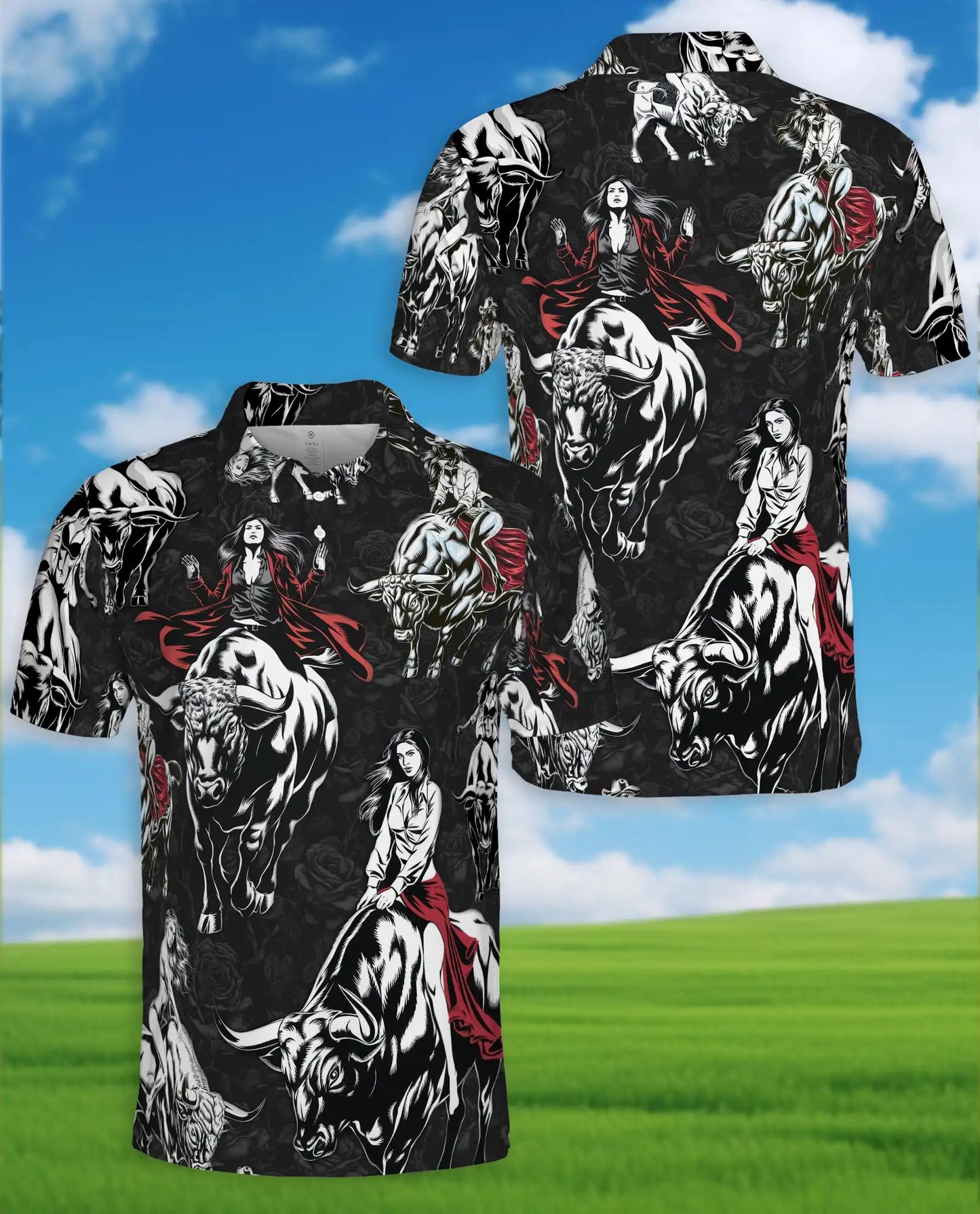 Western Bull Rider 3D Polo Shirt for Men – Dark Rodeo Cowgirl Style | Netecom