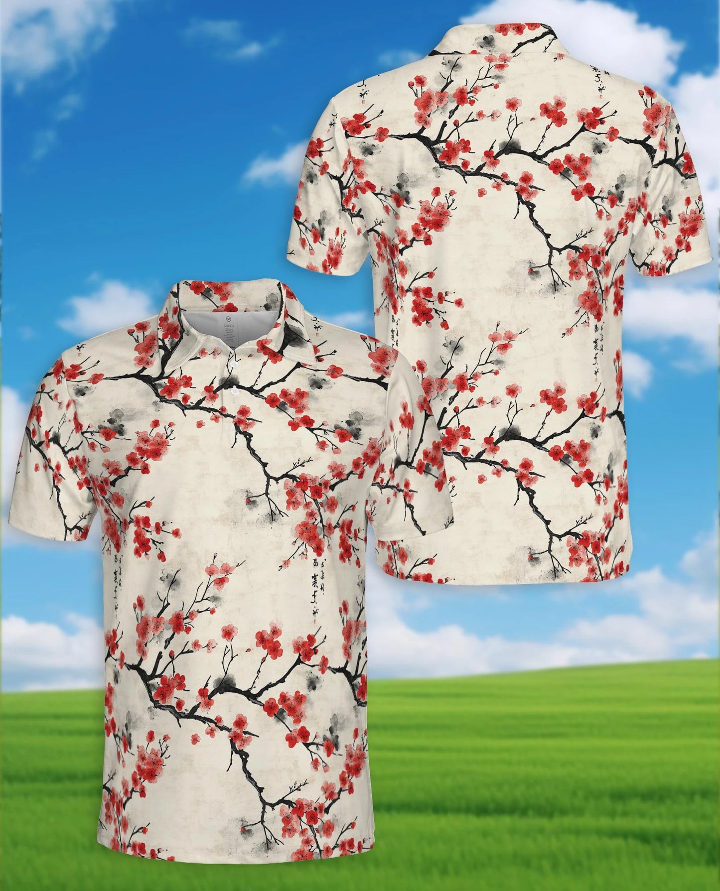 Red Cherry Blossom Branches Polo Shirt for Men – Japanese Sakura Style | Netecom