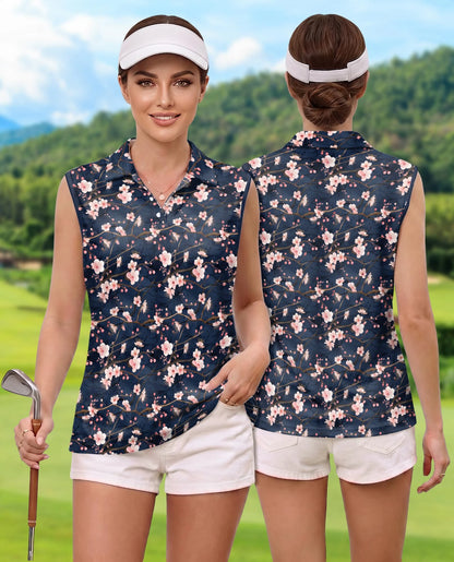 Navy Sakura Flower Sleeveless Polo Shirt for Women – Elegant Floral Style | Netecom