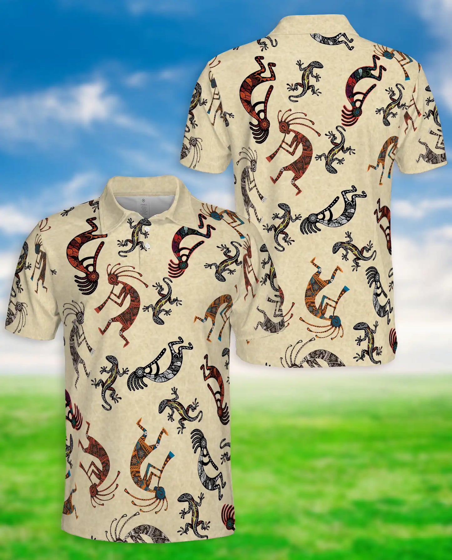 Kokopelli Polo Shirt – Tribal Lizard Pattern Print | Netecom