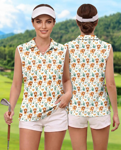 Highland Cow Cactus Sleeveless Polo Shirt for Women – Cute Western Farm Style | Netecom